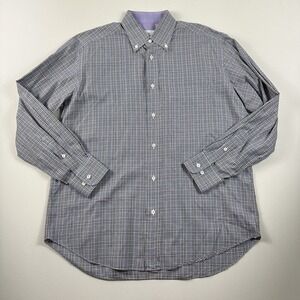 Brioni Mens Blue Plaid Cotton‎ Button Down Shirt Mens Large Long Sleeve